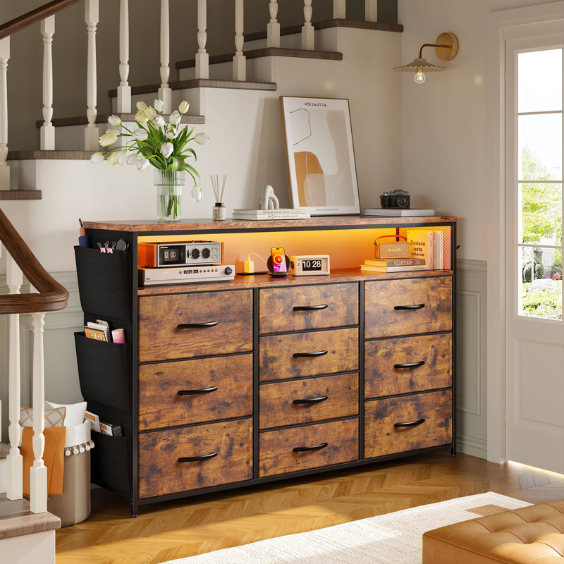10-Drawer Fabric Dresser & TV Stand with LED Lights & Outlets for Bedroom & Living Room, Brown