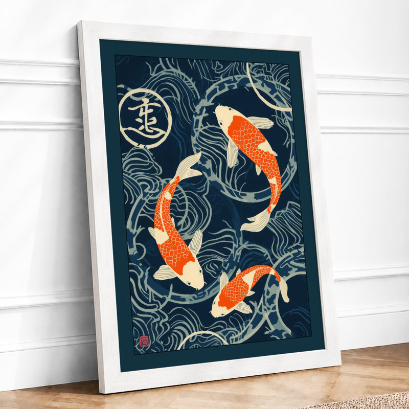 Koi Among Waves Japandi - Framed Print, A1 - 84.1 x 59.4 cm, White
