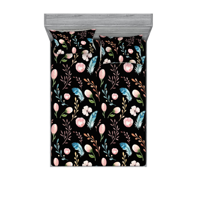 Drap-housse et taies décoratives 3 pièces Ambesonne, Rose pâle, gris anthracite, gris / floral