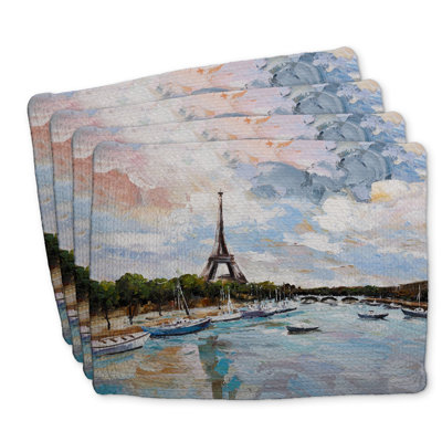 Ensemble de 4 napperons en polyester tressé - Bateaux sur la seine Paris