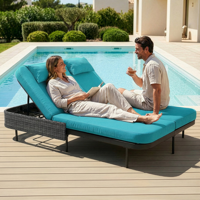 Outdoor Wicker 2-Person Double Chaise Lounge with Cushions, 6-Position Adjustable Backrests, Teal