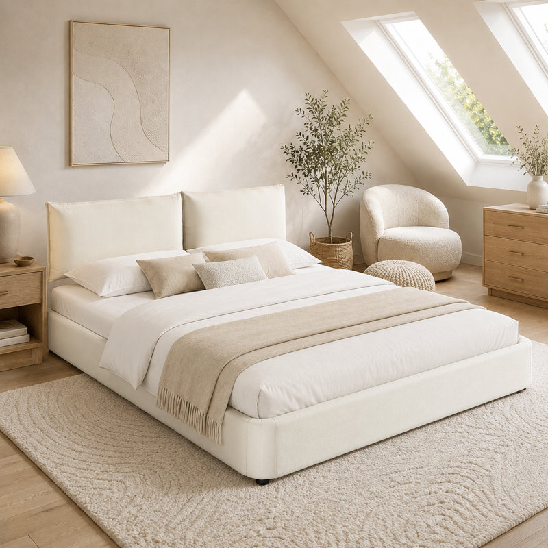 Très grand lit nuage en chenille de style moderne avec tête de lit tapissier amovible, Beige / Blanc