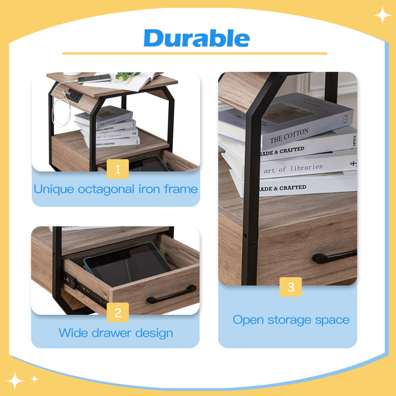 Table de chevet avec station de charge, tables de chevet de chambre à coucher avec ports et prises USB, tables de chevet avec tiroir