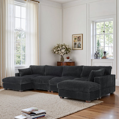 5 - Piece Upholstered Gray Faux Rabbit Fur Flannel Reversible Modular Sofa Living Room Sectional Couch with Ottoman