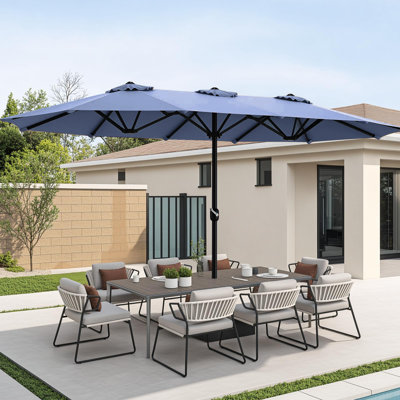  Parasol de patio à double face 15 pi avec base et manivelle, très grand parasol rectangulaire pour l'extérieur, pour la terrasse, la pelouse et le jardin, bleu marine