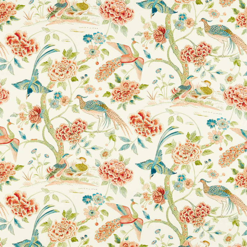 Indienne Peacock Fabric, Cinnabar Red/Olive