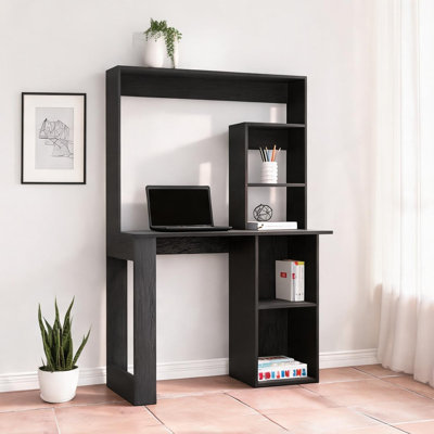 Bureau d'ordinateur compact avec huche et tablettes en bois d'ingénierie noir élégant, espace de travail de 38,8 W