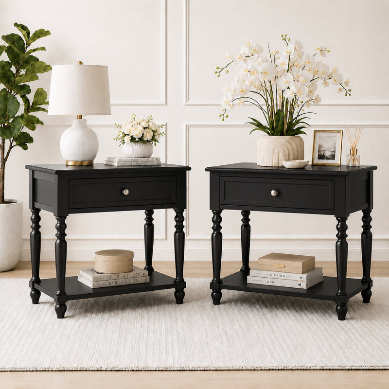 Solid Wood Nightstand Set Of 2 With Drawer, Open Shelf, 2 Power Outlets, 1 Usb Port, And 1 Type-c Port, Black