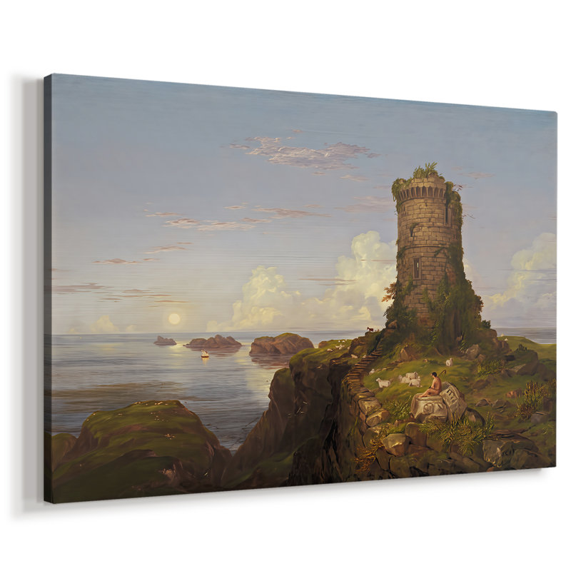 Scène côtière italienne avec une tour en ruines – Thomas Cole – Toile tendue sur châssis – 1838, 32 x 48