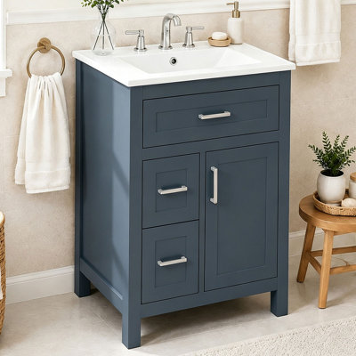 24 Inch Freestanding Bathroom Vanity with Ceramic Sink, Multi-Functional Storage