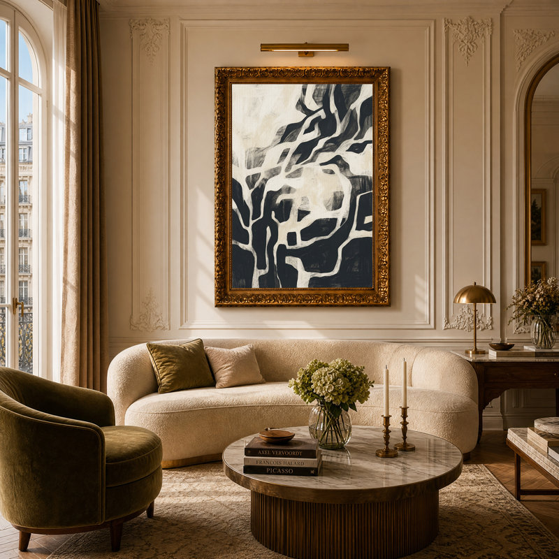 Tableau abstrait noir et crème aux formes ramifiées sur toile, 24"H x 16"W