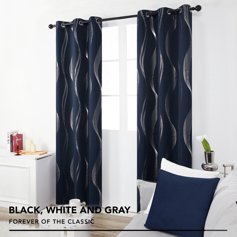Spurgh Sliver Wave Foil Print Blackout Thermal Grommet Curtain Panels (Set of 2), 42" W x 90" L, Navy Blue