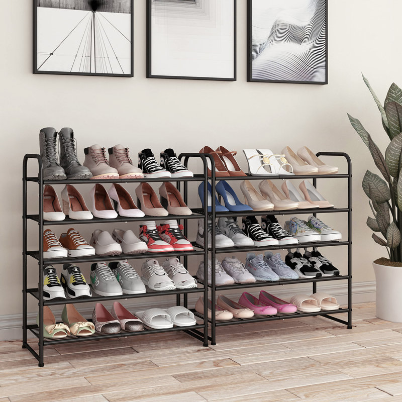 5 Tier Stackable Shoe Rack, Metal Wire Grid, Shoe Organizer Storage Shelf, Black