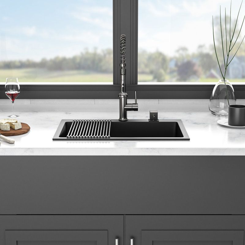 Quartz Composite Sink 33X22", Black Granite Appearance, And Stable, Minimizes Dirt Mess, Quiet Hygienic Functionality , , Smooth Surface Dirt, Operation