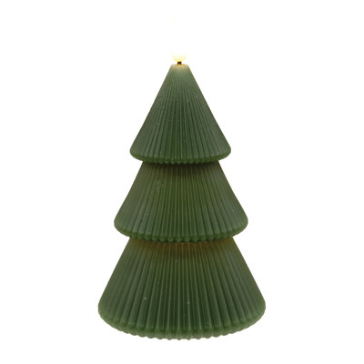 Dark Green Wax Christmas Tree LED Timer Candle - 7-1/4 In H