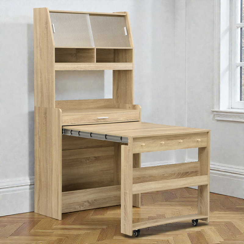Kitchen Pantry With Foldable Dining Table, Natural