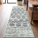 Moroccan Geometric Non Slip Washable Grey Runner Rug