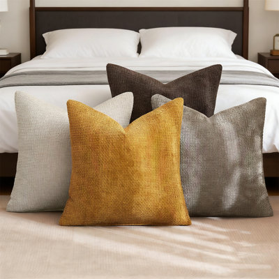 Set Of 4 20X20 Inch Gold Brown Chenille Throw Pillow Covers, Farmhouse Boho Accent For Sofa