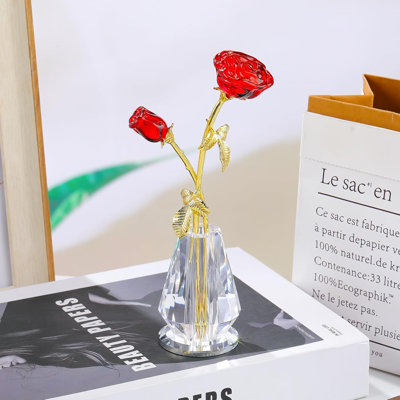 Figurine fleur en cristal avec vase à facettes, sculpture florale à deux fleurs pour table, tablette et bureau