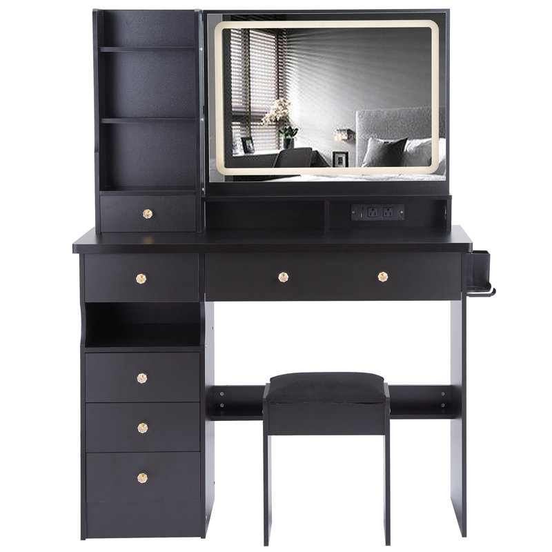 41" Large Size Left Drawer Desktop Vanity Table+Cushioned Stool Dresser Set, Black