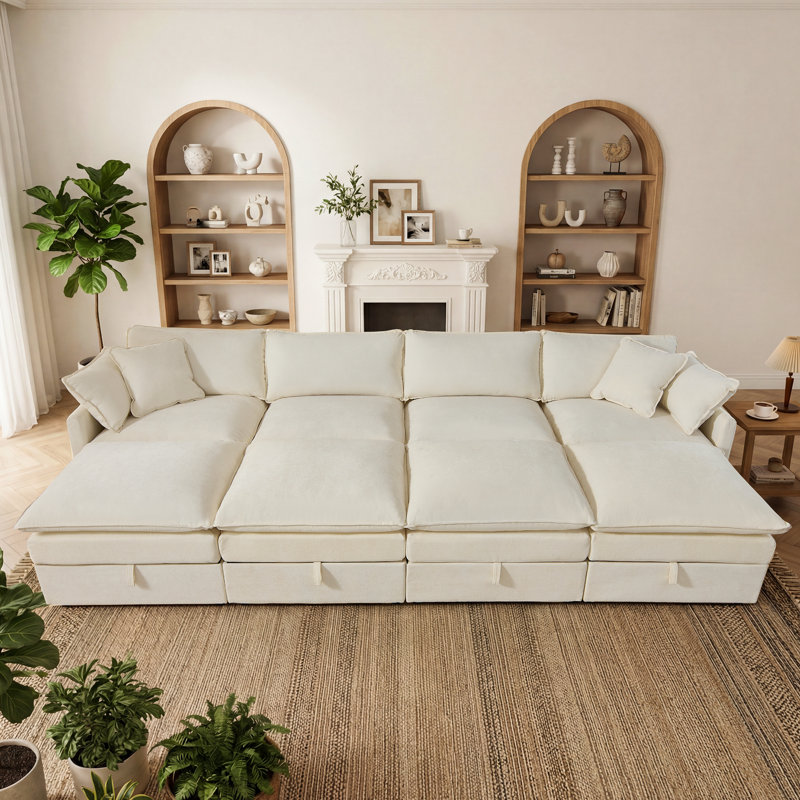 Canapé modulaire en U en chenille de 135 po avec sièges de rangement George, Chenille beige