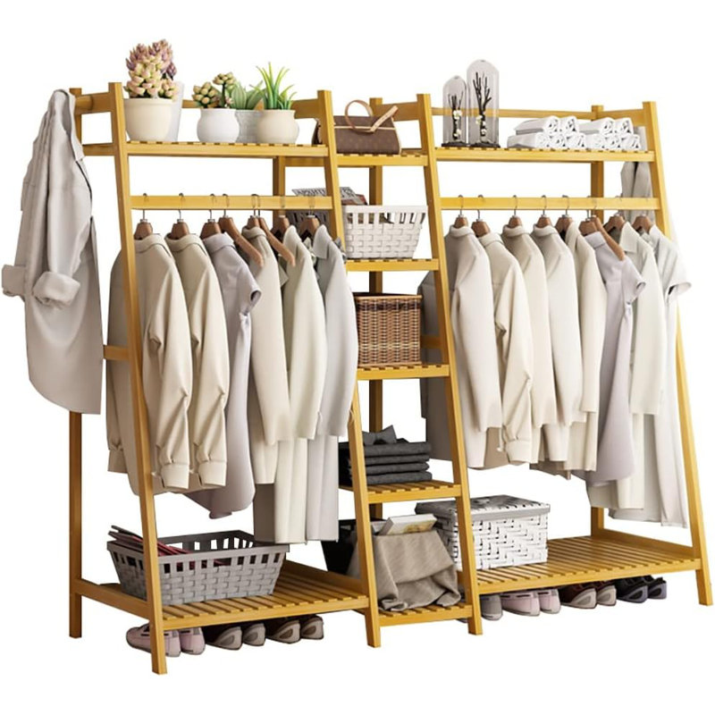 Tablette à vêtements en bambou de luxe avec tringles de suspension et paniers de rangement