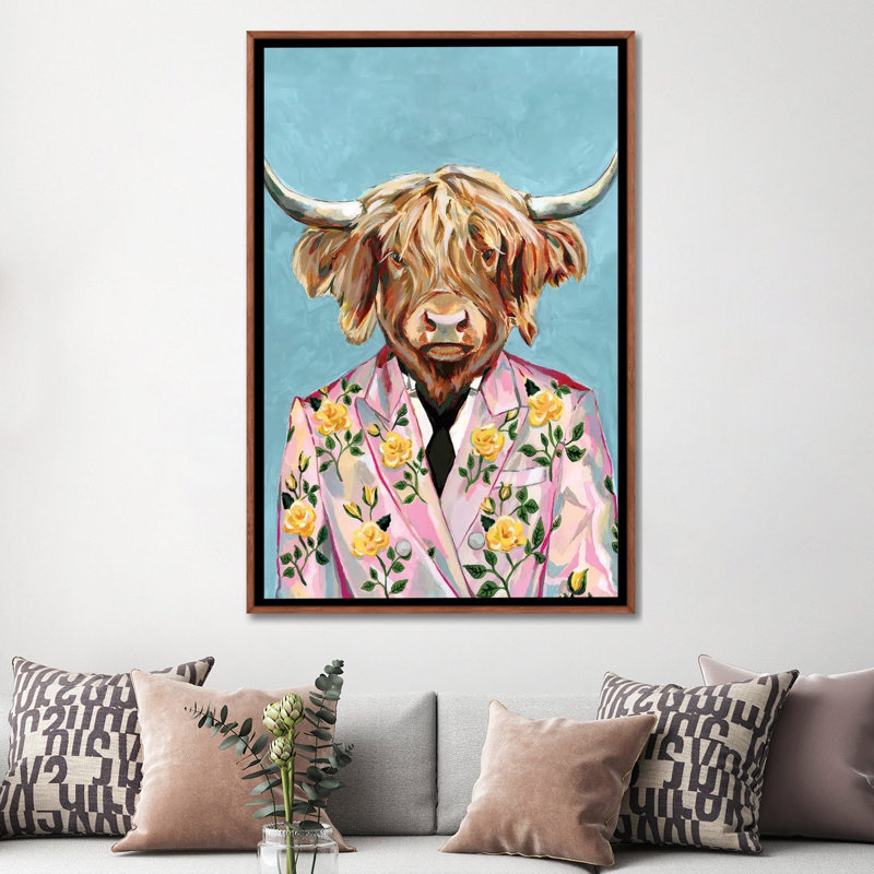 « Vache » par Heather Perry-impression, Pas de tapis, Toile avec cadre en bois brun classique, H 60 po x l 40po x P 1,5 po
