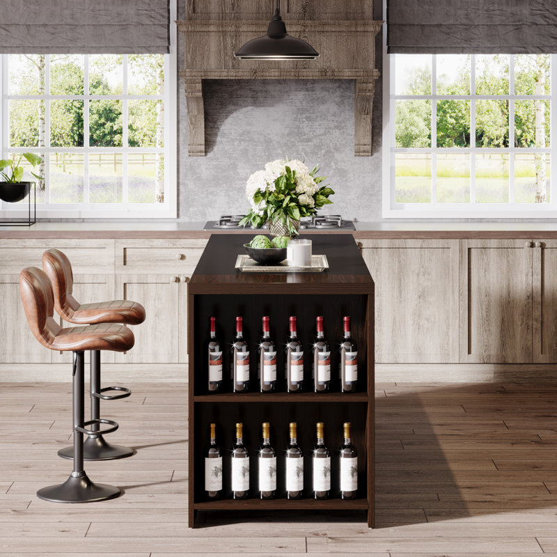 55" Farmhouse 5-Tier Kitchen Island Table with Storage Shelves, Walnut