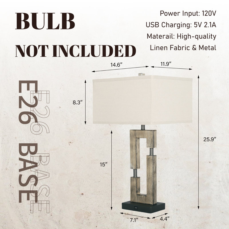 Tomisin USB Table Lamp with Linen Lampshade, Gray, Beige