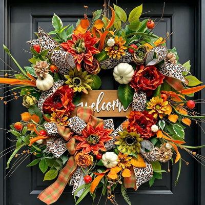 24" Full Fall Wreath for Front Door – Luxury Autumn Wreaths for Front Door with Pumpkin, Orange Leaves & Farmhouse Floral Design, Thanksgiving Door Wreath, Autumn Wreath for Front Door Outside, Seasonal Fall Door Decor