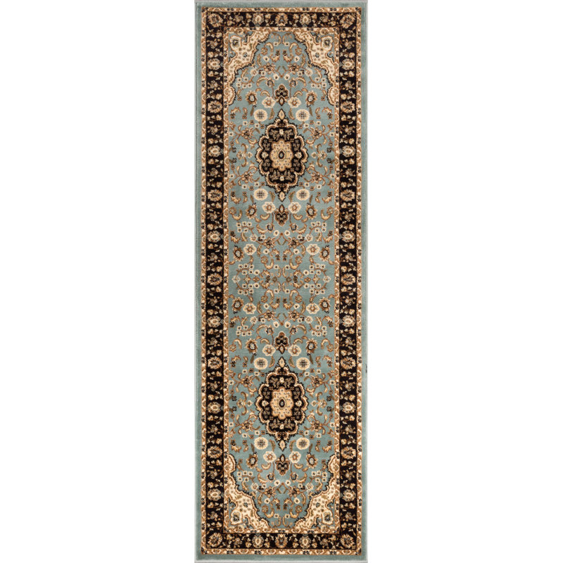 Tapis bleu clair Belliere Medallion Kashan, Tapis de couloir 2 pi 3 po x 7 pi 3 po
