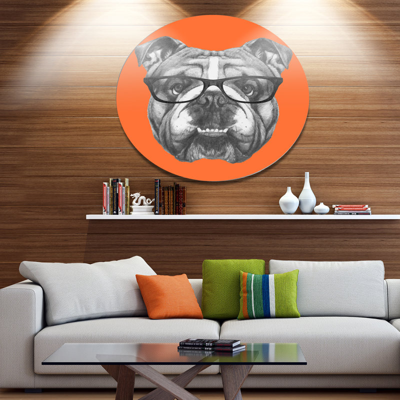 «English Bulldog with Glasses», impression sur métal, H 36 po x l 36 po x P 1 po