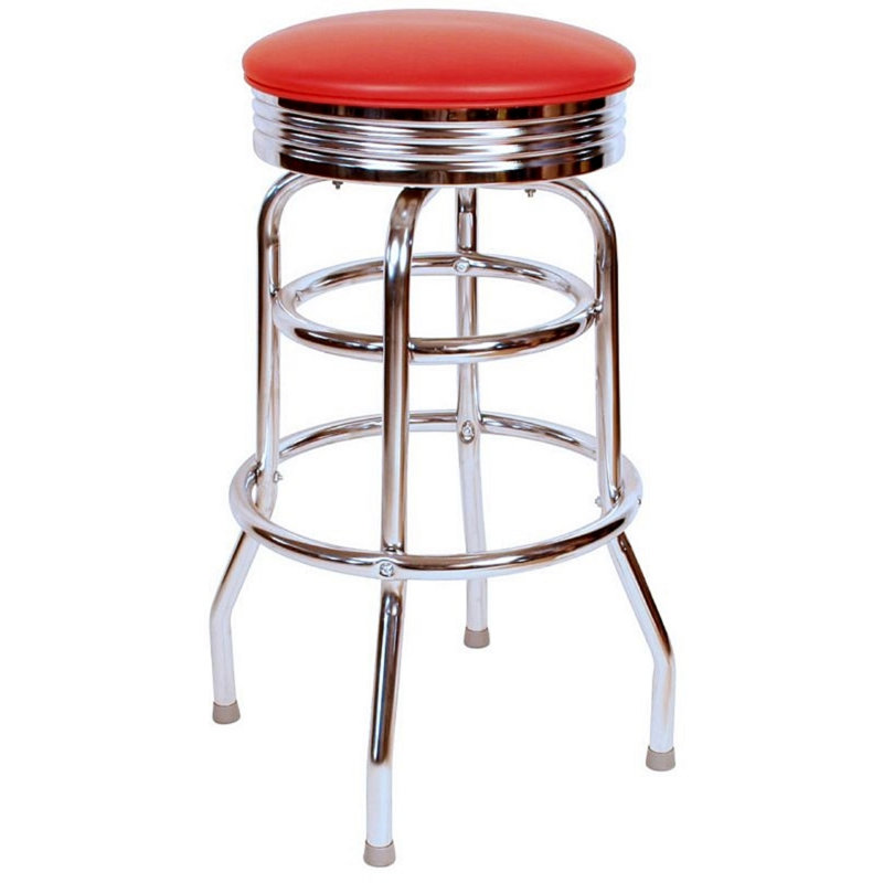Retro Home Double Ring Chrome Pan Swivel 30" Bar Stool, Red