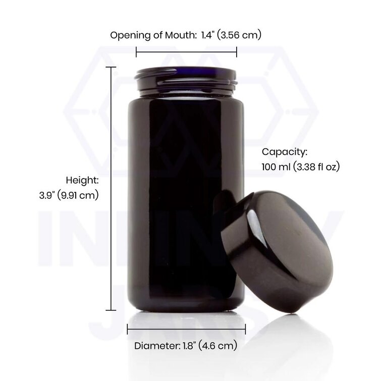 Glass spice jars with black plastic lids. 4 in tall. Diameter 2 in