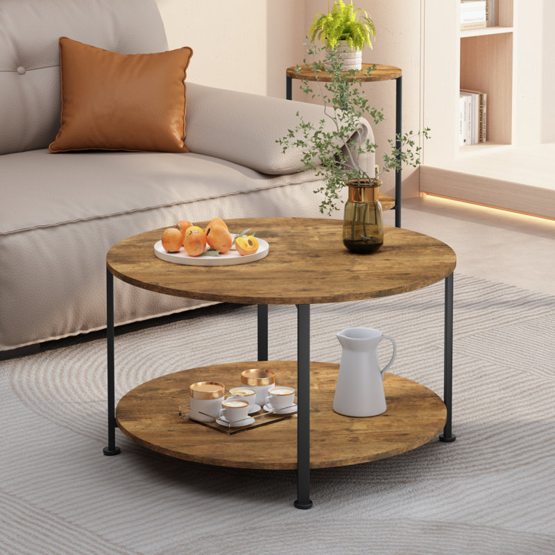 Ensemble de 3 tables basses et tables de bout pour le salon, ensemble de 3 tables basses et tables de bout rondes avec grand rangement, mobilier de maison de campagne moderne pour appartement (brun rustique)