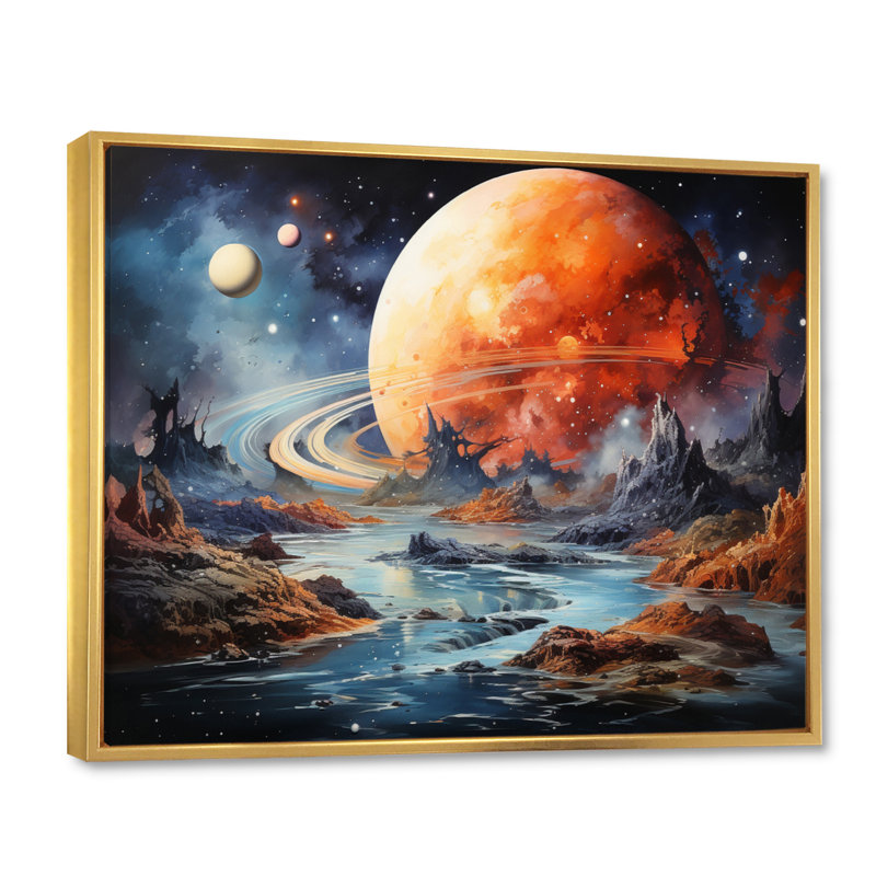 Orange, noir, astronomique, espace, rêves I, Cadre flottant doré, H 34 po x l 44 po x P 1,5 po