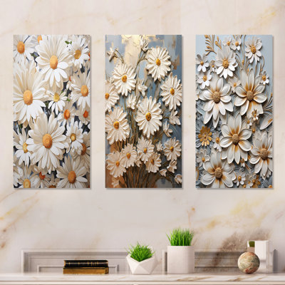 White Daisy Blooming Elegance - Daisies Canvas Wall Art Set Of 4