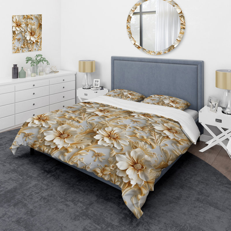 Gold And White Royal Flower Garden Serenity I - Ensemble de housse de couette damassé