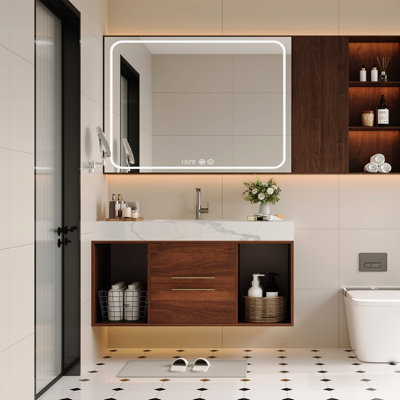 Meuble-lavabo mural de 39,4 po, lavabo mural en céramique, 2 tiroirs, comptoir en pierre frittée, facile à nettoyer et à entretenir, conception moderne avec poignées dorées