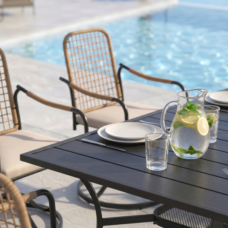 6-Person Outdoor Rectangular Patio Dining Set With Cushioned Swivel Chairs & Umbrella