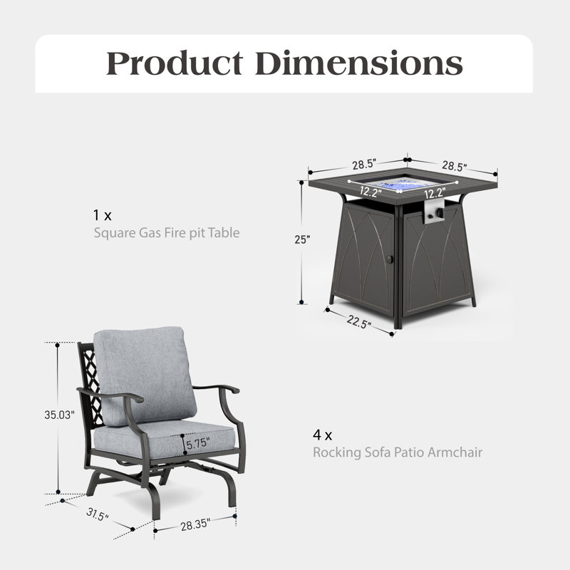 Ensemble de conversation d'extérieur pour 4 personnes avec chaises berçantes et table de foyer Asfand, Gris