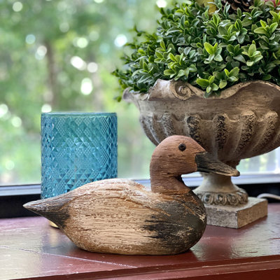 Canard en bois rustique sculpté à la main, avec yeux en métal, brun, bleu et blanc, 24 cm de large