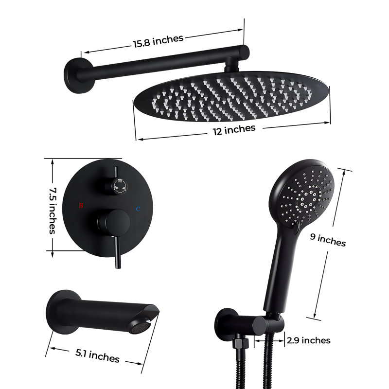 HGN 10 Inches Bathroom Rain Shower Combo Set Wall Mounted Rainfall with Tub Spout, Matte Black