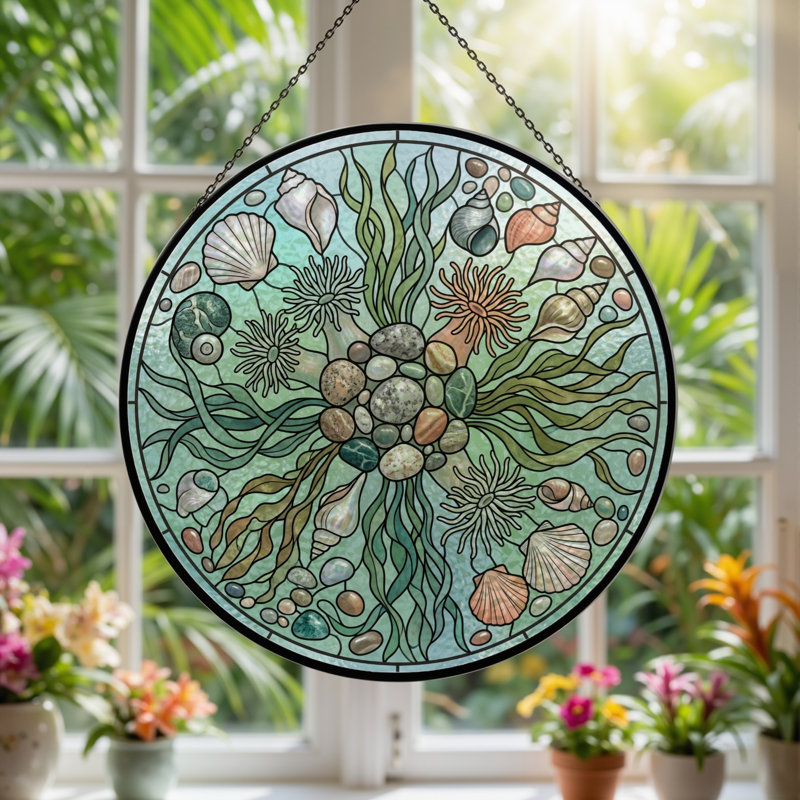 Panneau de fenêtre en verre coloré Seashell Seaweed, 7,8 heures, H 7,8 po