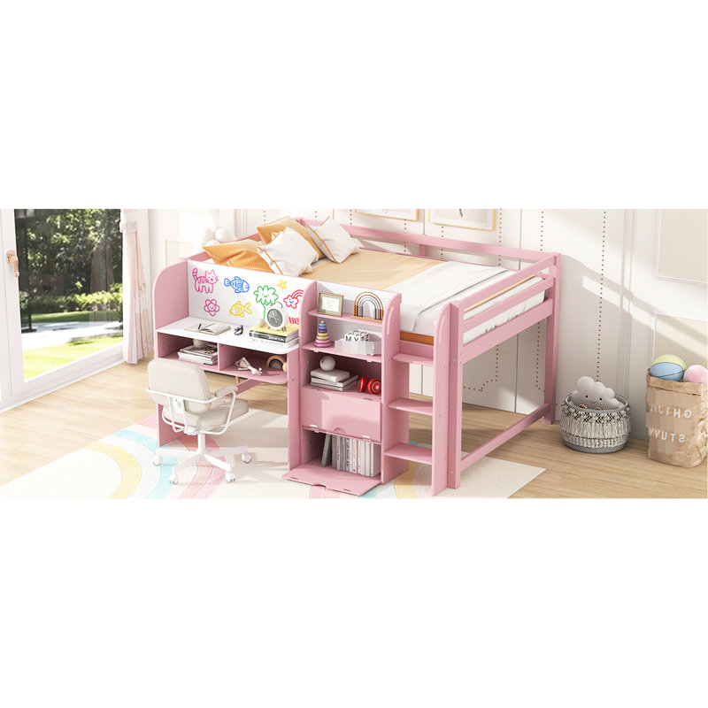 Pink Full Size Low Loft Bed With Built - In Desk, Three Storage Compartments, Open Shelves, Features And Space Utilizing Bedroom Layout Bed, Pink, Featuring Bookcase, Under Storage, Guardrail,