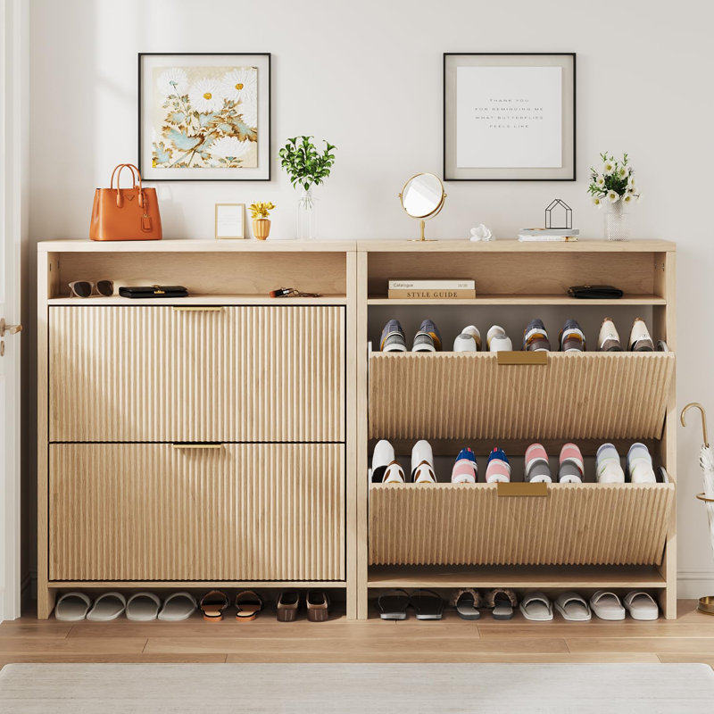 Avalie 31.5" Fluted Shoe Storage Cabinet, Narrow Entryway Storage Cabinet With Flip Drawers & Open Shelf