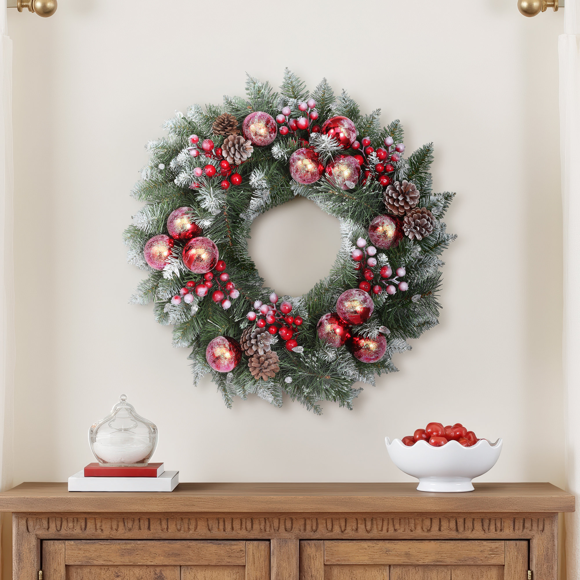 24 Inch Frosted Ithica Pine Wreath with Soft White LED Lights and Auto Timer
