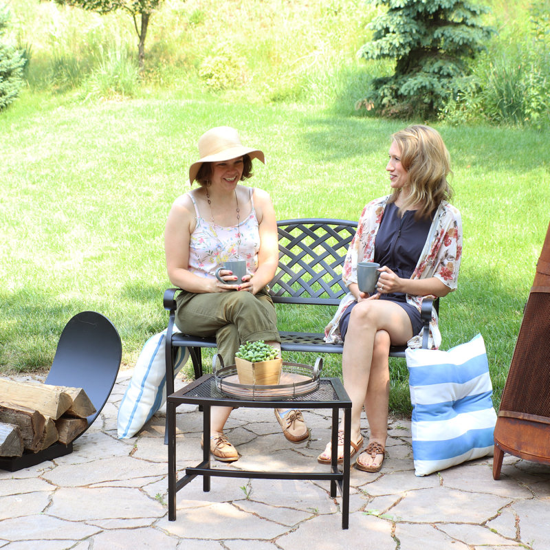 Ismenia Checkered 2-Person Cast Aluminum Garden Bench, Black