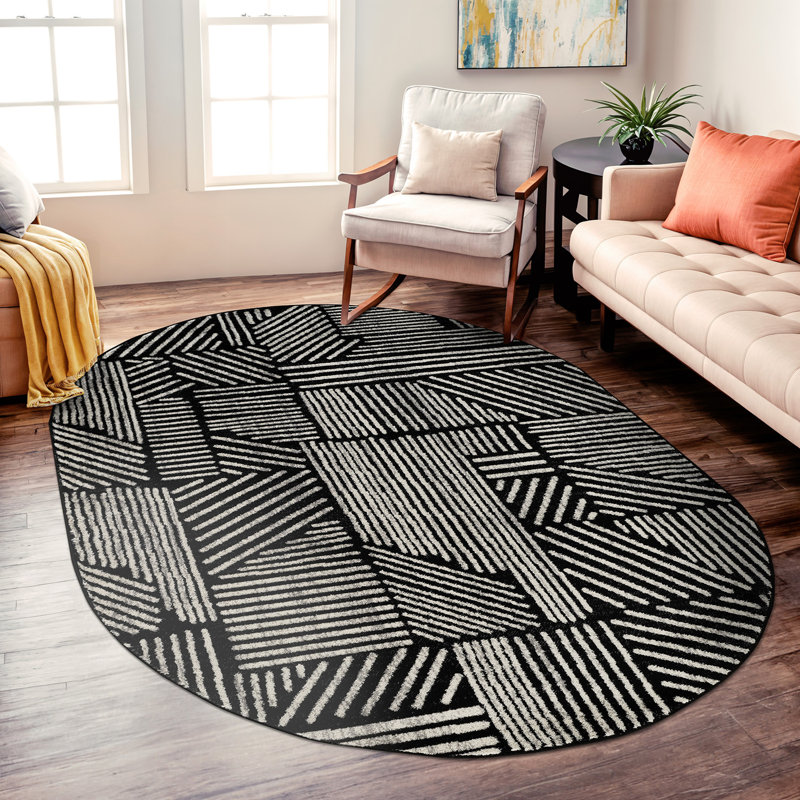 Rambo Geometric Black/Ivory Area Rug, Oval 5' x 7', Black
