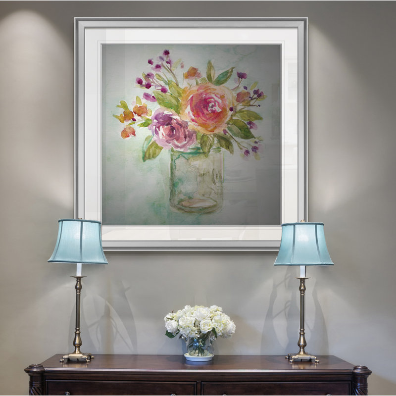 « summer roses », peinture, H 16 po x l 16 po x P 1,5 po, Encadrement argenté